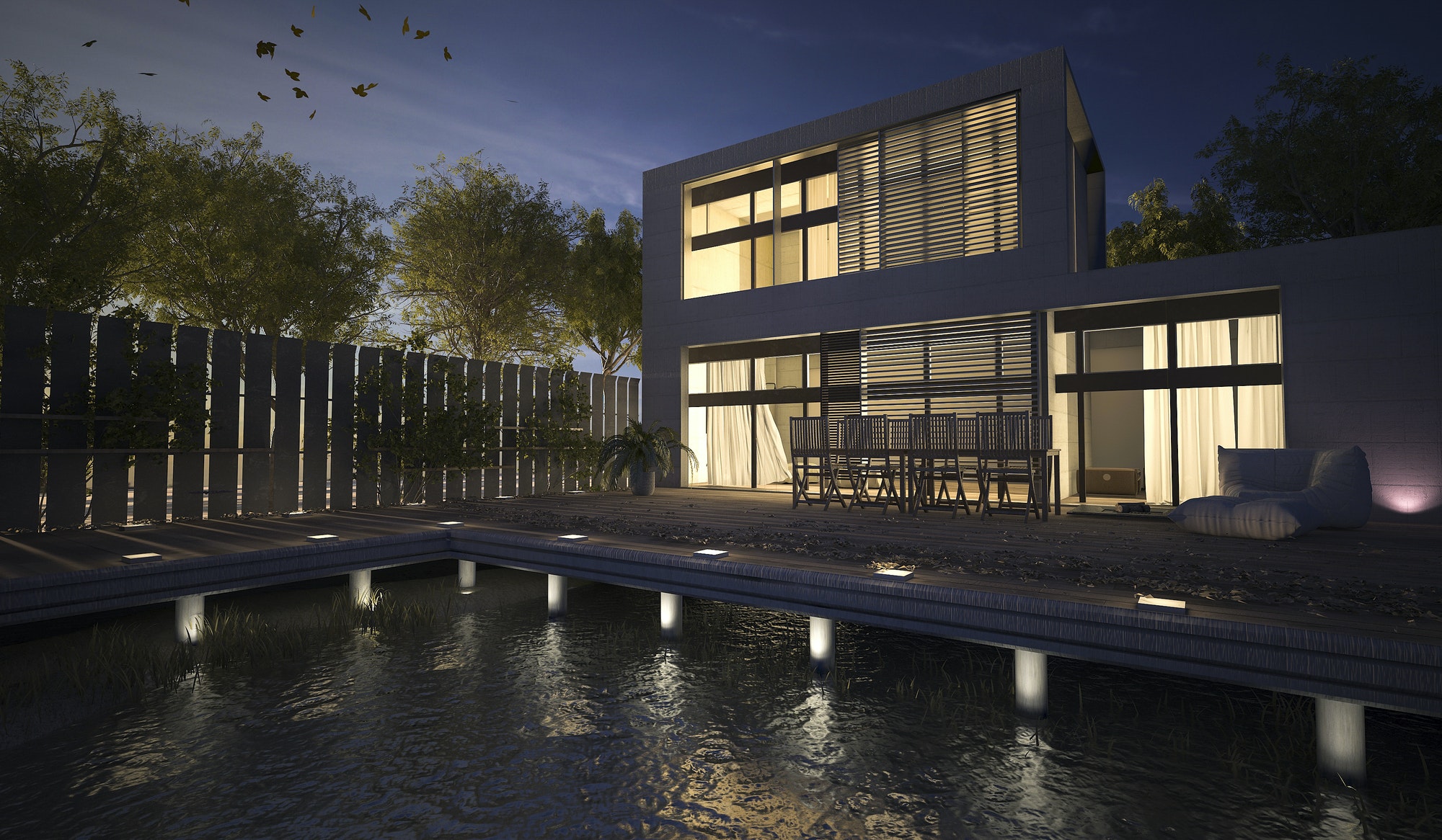 3D rendering modern house with terrace at night